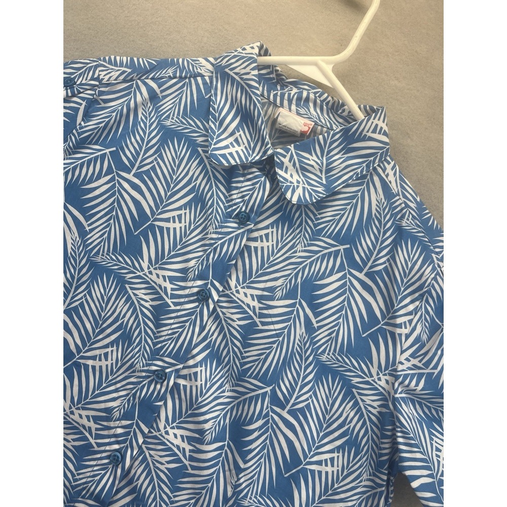 American Sweetheart Blue White Leaf Print Button Up Short Womens M Vintage 80s